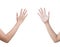 The right back and front side hand of the woman show Rock Paper Scissors sign for find the winners fair in the game. show paper