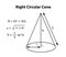 Right circular cone formula. shape in mathematics. inscribed with mathematics formulas and calculations.