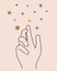 The right female hand creates stars and planets. Vintage vector icon, symbol of astrology, astronomy, alchemy, occultism.
