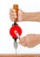 Right hand hold and left hand spin hand drill for drilling wooden on white background.