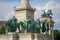 Right side view of some of statues of Seven chieftains of Magyars. Millennium Monument on Heroes` Square in Budapest