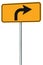 Right turn ahead route road sign perspective, yellow isolated roadside traffic signage this way only direction pointer black arrow