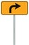Right turn ahead route road sign, yellow isolated roadside traffic signage, this way only direction pointer, black arrow roadsign