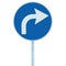 Right turn ahead sign, blue round isolated roadside traffic signage, white arrow icon and frame roadsign, grey pole post