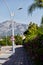 Right turn sign in front of mountain view and beautiful greenery. Modern road, turkish view