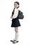 Right and wrong ways to wear backpack to prevent pain. Learn how fit backpack correctly for school. Schoolgirl cute in
