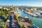 Rimini, Italy. Aerial view on Rimini. Italian cityscape from above. Lighthouse on water sea canal. Rimini city