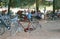 RIMINI, ITALY - AUGUST 21, 2008: Healthy lifestyle concept, locals and bicycles. Evening rest Italian retirees. Bicycle eco-