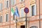 Rimini, Italy. Facade of Rimini`s Prefecture Local Government with Italian and EU flags