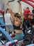 Rimini, Italy - may 2019: Girl at Gym doing Shoulders Weightlifting Exercises: Fitness Workout on Bench