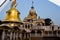 Ring bells in temple. Golden metal bell isolated. Big brass Buddhist bell of Japanese temple. Ringing bell in temple is belief