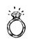 A ring with a diamond. Black and white contour doodle isolated.