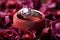 Ring of love engagement ring elegantly situated among scattered rose petals