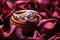 Ring of love engagement ring elegantly situated among scattered rose petals