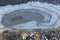 Ring patterns in ice in frozen water puddles, view from above