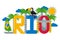 Rio, Brazil text town logo, palm tree, boat, sun and toucan, isolated on white, flat vector illustration.