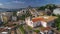 RIO DE JANEIRO, BRASIL - MAY, 2023: Aerial drone panorama view of famous landmark church near Arches of Lapa traditional