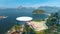 RIO DE JANEIRO, BRASIL - MAY, 2023: Drone aerial view of of a famous landmark modern art museum in Niteroi district and