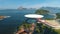 RIO DE JANEIRO, BRASIL - MAY, 2023: Drone aerial view of of a famous landmark modern art museum in Niteroi district and