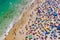 Rio de Janeiro, Brazil, Aerial View of Copacabana Beach Showing Colourful Umbrellas and People Bathing in the Ocean