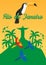 Rio de Jeaneiro Poster. Travel in Brasil. South America. Statue of Christ the Redeemer. Toucan. Three parrots.