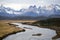 The Rio Serrano and the plains below the mountains of the Torres del Paine, Torres del Paine National Park, Chile