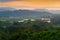 Rio Tarcoles, Carara National Park, Costa Rica. Sunset in beautiful tropic forest landscape. Meander of river Tarcoles. Hills with