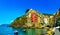 Riomaggiore town, cape and sea landscape. Cinque Terre, Liguria, Italy