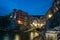 Riomaggiore town on Italian coastline at night in Cinque Terre, Italy