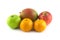 Ripe appetizing fruits: mango, apples and tangerines on white