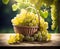 Ripe appetizing white grape berries in an overflowing basket, AI