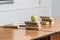 ripe apple on stack of books on table in lecture room