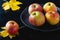 Ripe apples in a black plate on the rustic table