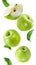 Ripe apples group, slices and leaves flying on white background