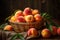 Ripe apricots in a basket on a wooden background, Ripe juicy organic peaches in a wicker basket, AI Generated