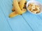 Ripe banana plate piece on a blue wooden background