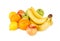 Ripe bananas, lemons, oranges and green apples isolated on white