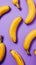 Ripe bananas on a pastel violet background pattern. Top view. Food modern concept. Hard shadow. Generative AI