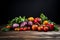 Ripe beautiful tasty vegetables on a dark banner background. Healthy food concept, harvest