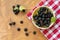 Ripe black chokeberries aronia melanocarpa in a white bowl on red napkin on wooden table.