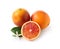 Ripe blood oranges, leaves and flower on white background.