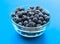 Ripe blueberries in bowl on cyan