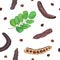 Ripe Carob sweet pods, leaves, seeds seamless vector pattern on white background. for food decoration,