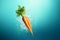 Ripe carrots flying in the air with splashes of water on blue background with copy space. AI generated