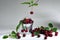 Ripe cherries in an aluminum bucket and scattered on the table