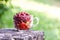 Ripe cherries and strawberries in a transparent cup on tree stump. Fresh fruits in summer garden in the countryside