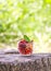 Ripe cherries and strawberries in a transparent cup on tree stump. Fresh red fruits in summer garden