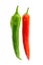 Ripe chili peppers red green pod parallel vegetables bright sharp on white background design background