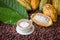 Ripe cocoa pod and beans setup on rustic wooden background