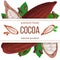 Ripe Cocoa pod fruit, beans and leaves. 3d icon vector set. Stripe with text natural foods premium product. Horizontal